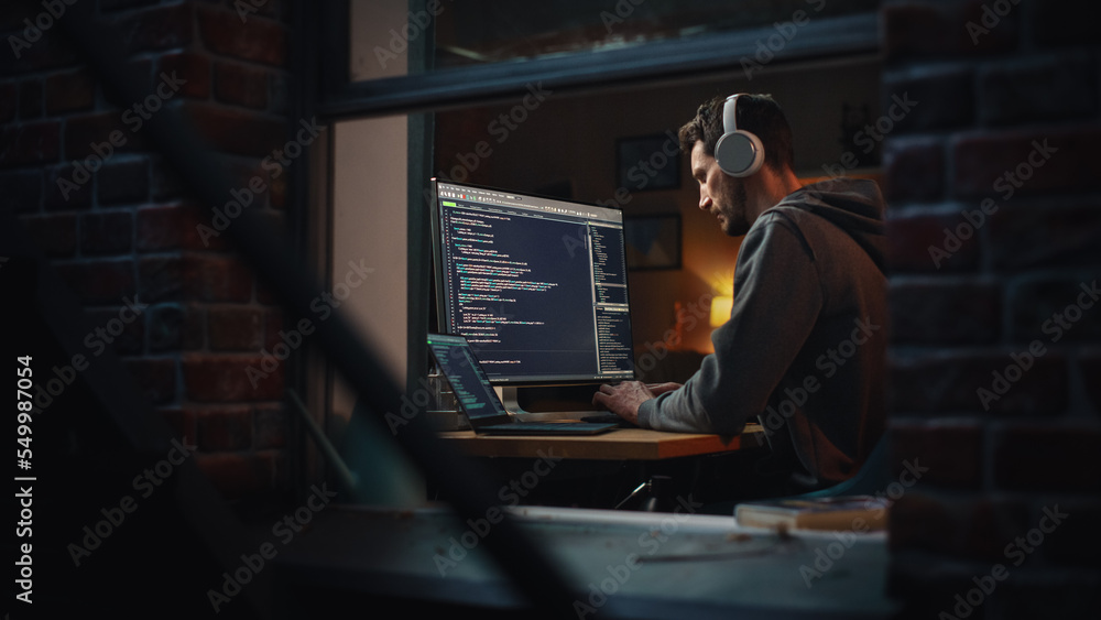 Fototapete Professional Software Developer Writing Code with Generic Programming Language. Development Interface Mockup. Information Technology Specialist. Remote Work Concept. View From Outdoors into Window.