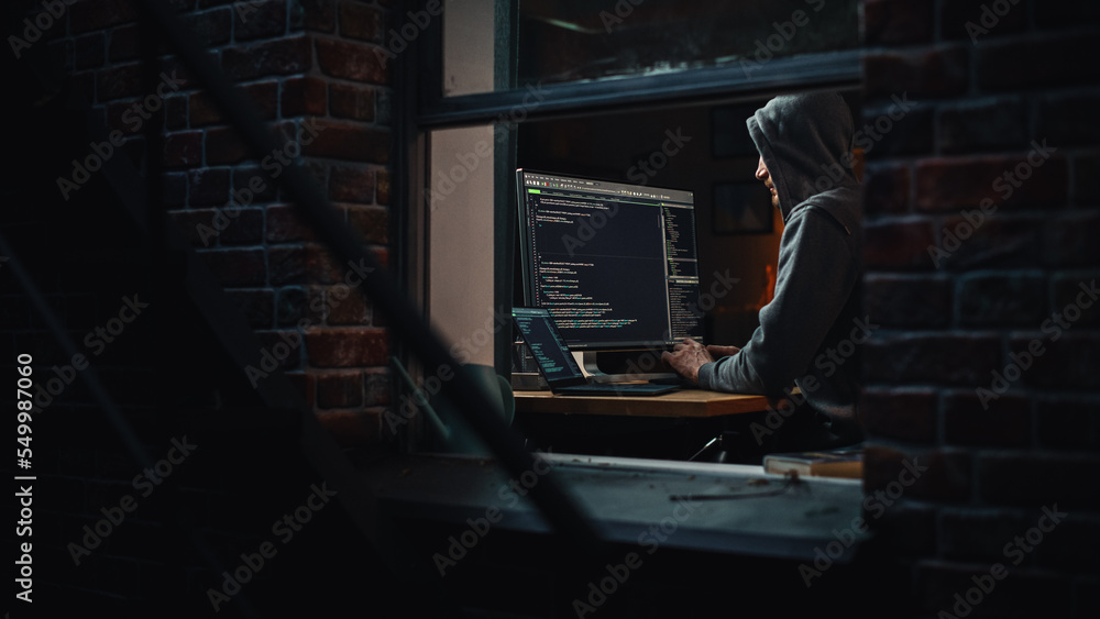 Aufkleber Single-Minded Professional Programmer Obsessively Writing a Code on His Desktop Computer, Late at Night. IT Specialist Ethical Hacker Working on Computer, Finding Software Vulnerabilities