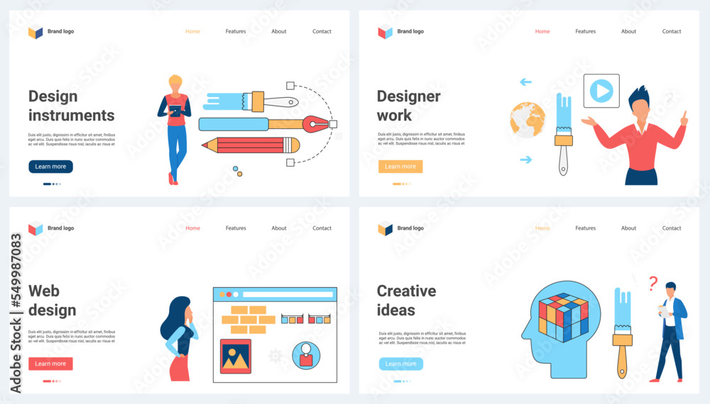 Poster creative web design, interface and content development for mobile app in agency set vector illustrat