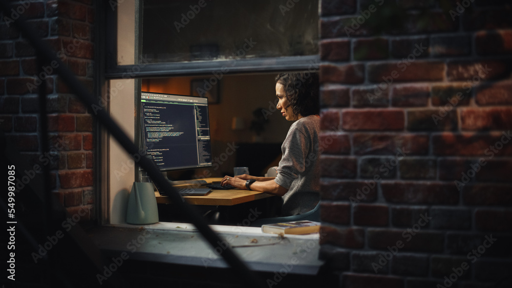 Poster Night Home Office: Young Hispanic Woman Working on Desktop Computer. Software Developer, e-Commerce Entrepreneur Writing Code for e-Business App, Designing Program. View From Outdoors into Window.