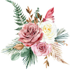 Fototapeta premium Watercolor floristic bouquet with white roses, eucalyptus, flowers, green leaves. For invitations, backgrounds, wedding sets, fashion, scrapbooking, digital paper. 