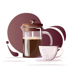 Glass coffee pot, french press with black coffee, porcelain cup and saucer. Coffee break, coffee shop or cafe concept	