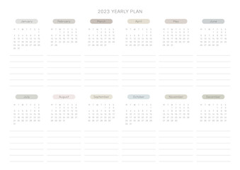 This is a simple, minimalist style annual planner with a year 12 month calendar for 2023. Note, scheduler, diary, calendar planner document template illustration.