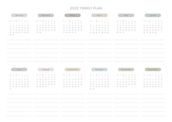 This is a simple, minimalist style annual planner with a year 12 month calendar for 2023. Note, scheduler, diary, calendar planner document template illustration.