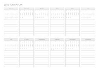 This is a simple, minimalist style annual planner with a year 12 month calendar for 2023. Note, scheduler, diary, calendar planner document template illustration.