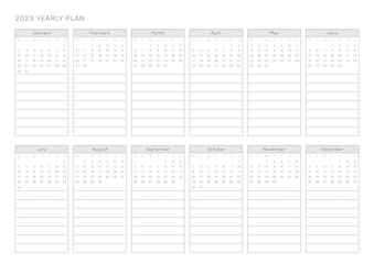 This is a simple, minimalist style annual planner with a year 12 month calendar for 2023. Note, scheduler, diary, calendar planner document template illustration.