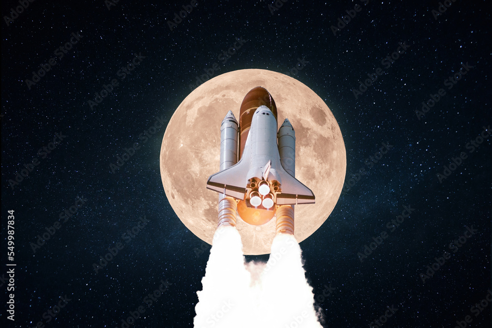 Aufkleber new space rocket shuttle with blast takes off into starry space with full amazing moon. successful l