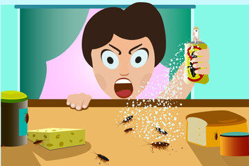 Vector illustration of fighting cockroaches. A man sprays poison aerosol and gets angry at cockroaches. Destroy insects with a poisonous spray