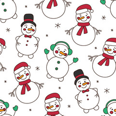 Seamless pattern with different cute snowmen in a hat, Christmas hat, headphones, mittens, scarf in doodle style on white background. Vector illustration for winter, New Year