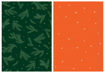 Twin Set Of Holiday Seamless Patterns. Little Irregular Golden Stars And Christmas Tree Branches On Red and Dark Green Background. Ideal For Textile, Wallpaper, Fabric Prints Or Wrapping Paper.