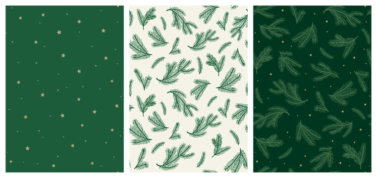 Set Of Three Vector Seamless Patterns, Little Irregular Golden Stars And Christmas Tree Branches.
Elegant Holiday Designs In Green Color Ideal For Textile, Wallpaper, Fabric Prints Or Wrapping Paper.