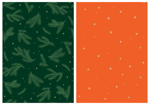 Twin Set Of Holiday Seamless Patterns. Little Irregular Golden Stars And Christmas Tree Branches On Red and Dark Green Background. Ideal For Textile, Wallpaper, Fabric Prints Or Wrapping Paper.