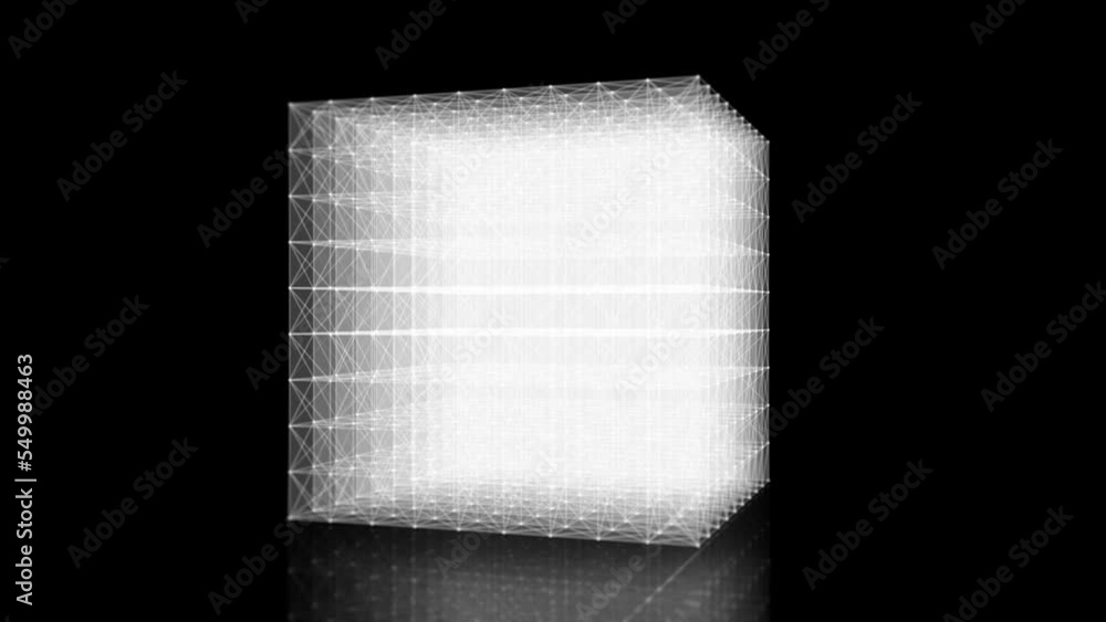 Poster Minimal Hi-Tech Cube Structure Spinning Loop/ 4k animation of an abstract minimal technology background with outlined shining and glowing cube logo spinning