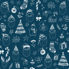 Santa face Christmas vector seamless line pattern.