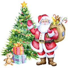 Cute Santa Claus illustration, christmas tree, Santa  Claus  portrait