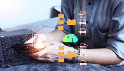 Document management system concept, folder and document icon software, searching and managing files...