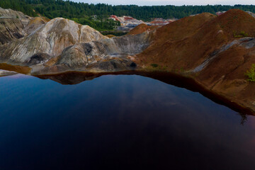 texture of the Martian landscape with different colors of the earth's rocks copper and water shot from drone