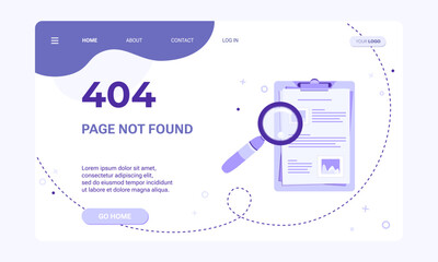 Landing page template for web page with 404 error. Page not found banner template.  Flat illustration of clipboard with magnifying glass and document with pics and on purple background