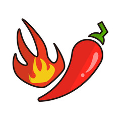 Chilli and fire icon. Hot and spicy. Very hot. Vector.