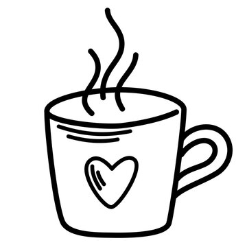 Cup of tea of coffee with heart. Line art symbol for web printing and applications. Vector illustration in doodle style hand-drawn isolated on the white background.