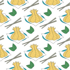 Tempura sketch seamless pattern vector illustration. Fried shrimp in crepe color doodle background. Traditional asiafood print for textile, packaging, paper and design