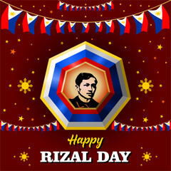 Happy Rizal Day greeting card with waving flags attached to strings and a sprinkling of stars on a dark red background. December 30, vector illustration for greeting banner, poster etc.