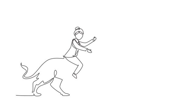 Self drawing animation of single line draw businesswoman riding lion symbol of success. Business metaphor, looking at goal. Professional entrepreneur. Continuous line draw. Full length animated