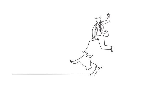 Animated self drawing of continuous line draw businessman riding unicorn bull. Investment, bullish stock market trading, rising bonds trend. Successful business man. Full length single line animation