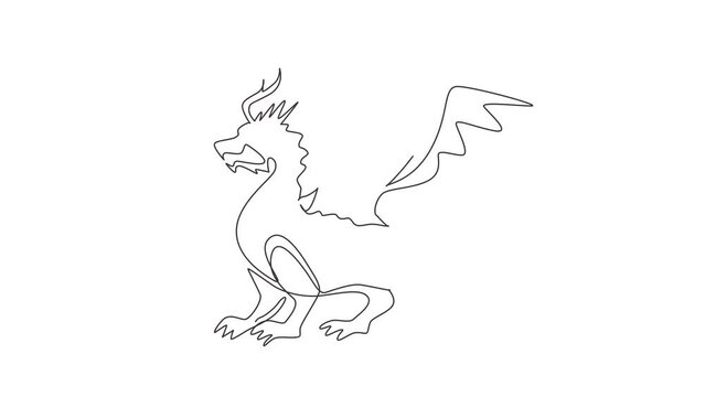 Self drawing animation of single one line draw strong fairytale dragon, magic lizard with wings and fire breathing serpent. Flying dragon medieval reptile. Continuous line draw. Full length animated