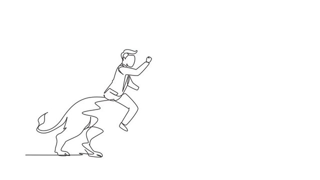 Animated self drawing of continuous line draw businessman riding lion symbol of success. Business metaphor concept, looking at leadership. Professional entrepreneur. Full length single line animation