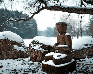 Stone statue of Buddha under snowfall in the winter season in the forest.