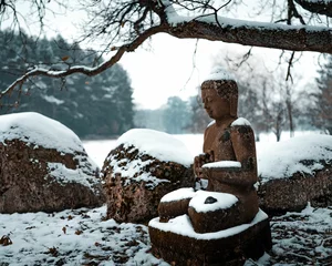 Wall murals Historic monument Stone statue of Buddha under snowfall in the winter season in the forest.