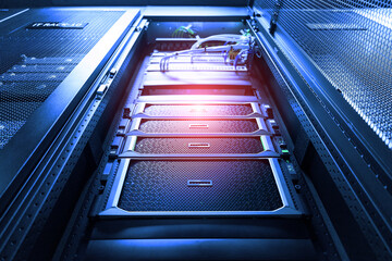 Fototapeta premium The server room tells the computer server that is working continuously. Convey the power and progress