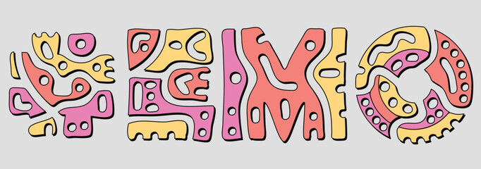 EMO Hashtag. Doodle isolate text. Colored curves decorative doodle letters. Trendy popular Hashtag #EMO for print, booklet, banner, flyer. Stock vector.