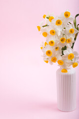 ピンクバックの花瓶に挿した水仙の花