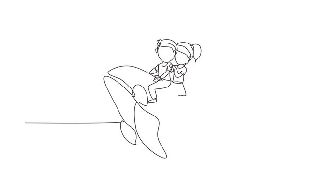 Animated self drawing of continuous line draw boy and girl riding orca together. Kids sitting on back whale killer in swimming pool. Whale killer or orca in water. Full length one line animation