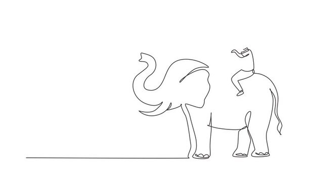 Animated self drawing of continuous line draw boy and girl riding elephant together. Children sitting on back elephant and travelling. Kids learning to ride elephant. Full length one line animation