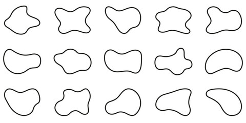 Organic Asymmetric Blotch, Stain, Spot, Splodge Black Line Collection. Free Form Abstract Outline Set on White Background. Irregular Random Minimal Blob Form. Isolated Vector Illustration