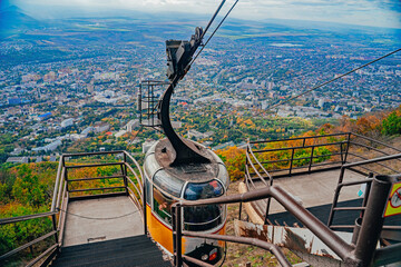 Vintage cable car. Cableway to the top of Mount Beshtau, Caucasian Mineral Waters. One of the sights of Pyatigorsk, Russia. Caucasian Mineralnye Vody region. Trip to viewpoints in the mountains.