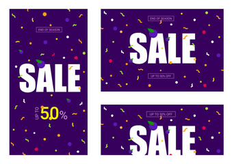 Set banners Sale with confetti. up to 50 off.