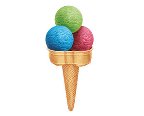 glace, cône, dessert, crème glacée, trois, deux boules, cornet, été, aliment, froid, blanc, gaufres, rafraîchissement, sucre, délicieux, coloré