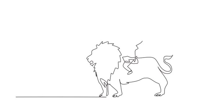 Self drawing animation of single line draw happy little girl riding lion. Child sitting on back big lion at circus event. Kid learning to ride beast animal. Continuous line draw. Full length animated