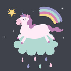 Unicorn on a cloud, rainbow, stars. Vector illustration