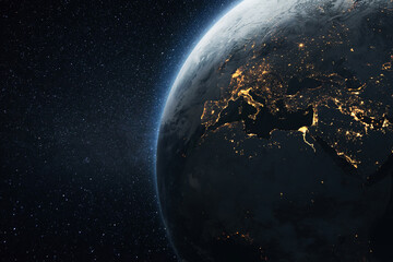 Fototapeta na wymiar Amazing night planet Earth with Europe, Africa and Eastern countries with bright night city lights in starry space. Megacities and light view from space