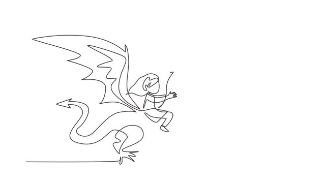 Self drawing animation of single line draw little girl flying with fantasy dragon. Child fly and sitting on back dragon at the sky. Kids imaginary fairytale. Continuous line draw. Full length animated