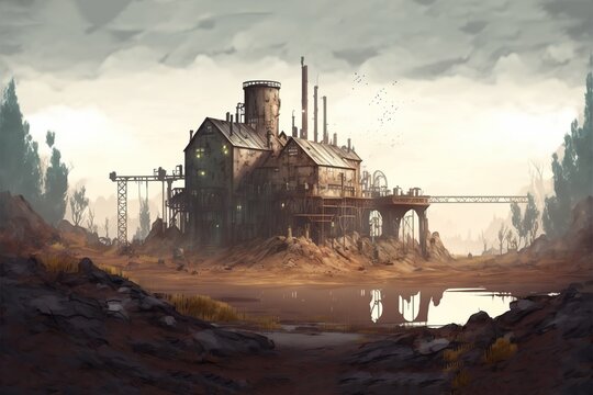 abandoned old warehouse on clay ground, gray and lost background on wilderness, cartoon style, illustration for fairytale