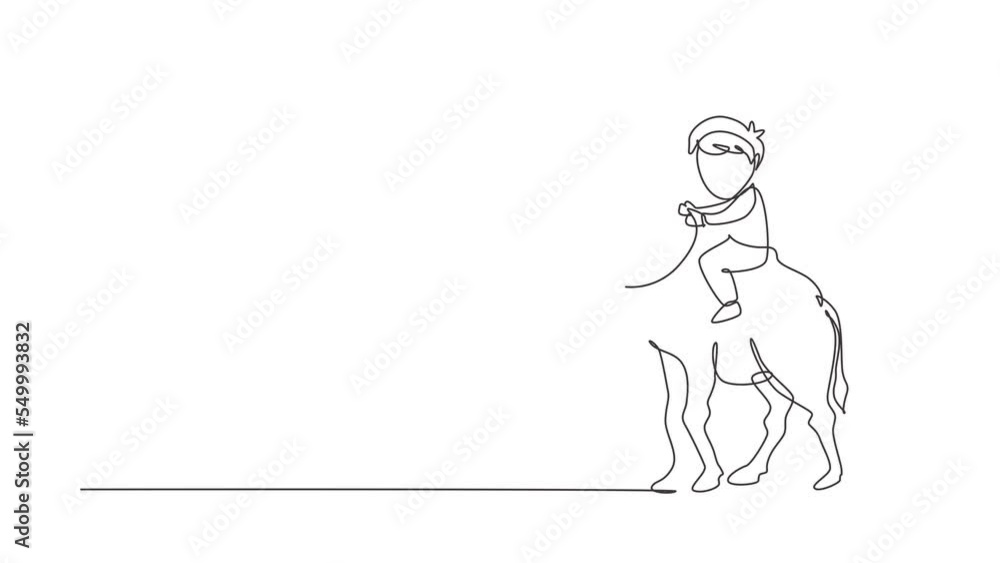 Poster self drawing animation of single one line draw happy little boy riding camel. child sitting on hump 