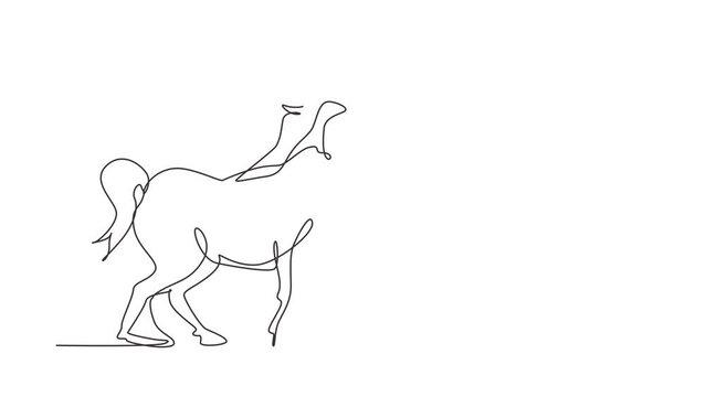 Animated self drawing of continuous line draw Unicorn. Magic cute unicorn. Black jumping fictional fairy animal. Magical unicorn running on wind. Childhood fantasy. Full length single line animation