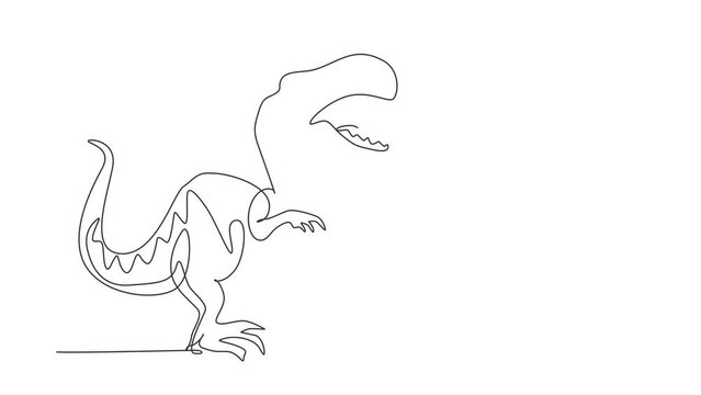 Self drawing animation of single one line draw tyrannosaurus rex. Roaring tyrannosaurus. Prehistoric dinosaur. Extinct ancient animals. Animal history. Continuous line draw. Full length animated