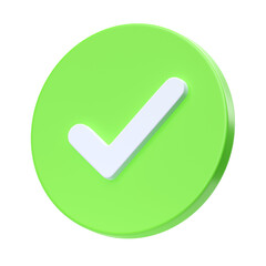 Check 3d render icon - checklist symbol, ok button and success green illustration. Accept checkbox, confirm checkmark